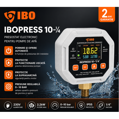 Presostat electronic IBO IBOPRESS 10 1/4”, 2.2kW, 230V, protecție suprasarcină și funcționare uscată