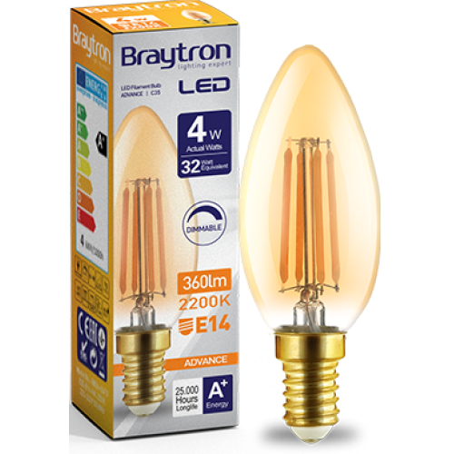 Bec Filament lumanare Amber 4W E14 lumina calda Braytron 