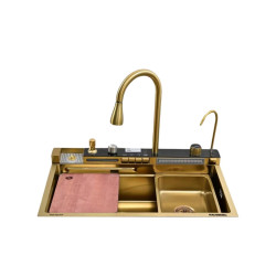 Set chiuveta multifunctionala bucatarie, baterie si accesorii, model auriu , baterii tip cascada si pentru apa purificata, display digital, dimensiune 75 x 46 cm