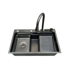 Set chiuveta multifunctionala bucatarie, baterie si accesorii, model negru/ gri antracit, baterii tip cascada, display digital, dimensiune 75 x 46 cm