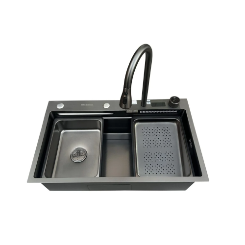 Set chiuveta multifunctionala bucatarie, baterie si accesorii, model negru/ gri antracit, baterii tip cascada, display digital, dimensiune 75 x 46 cm